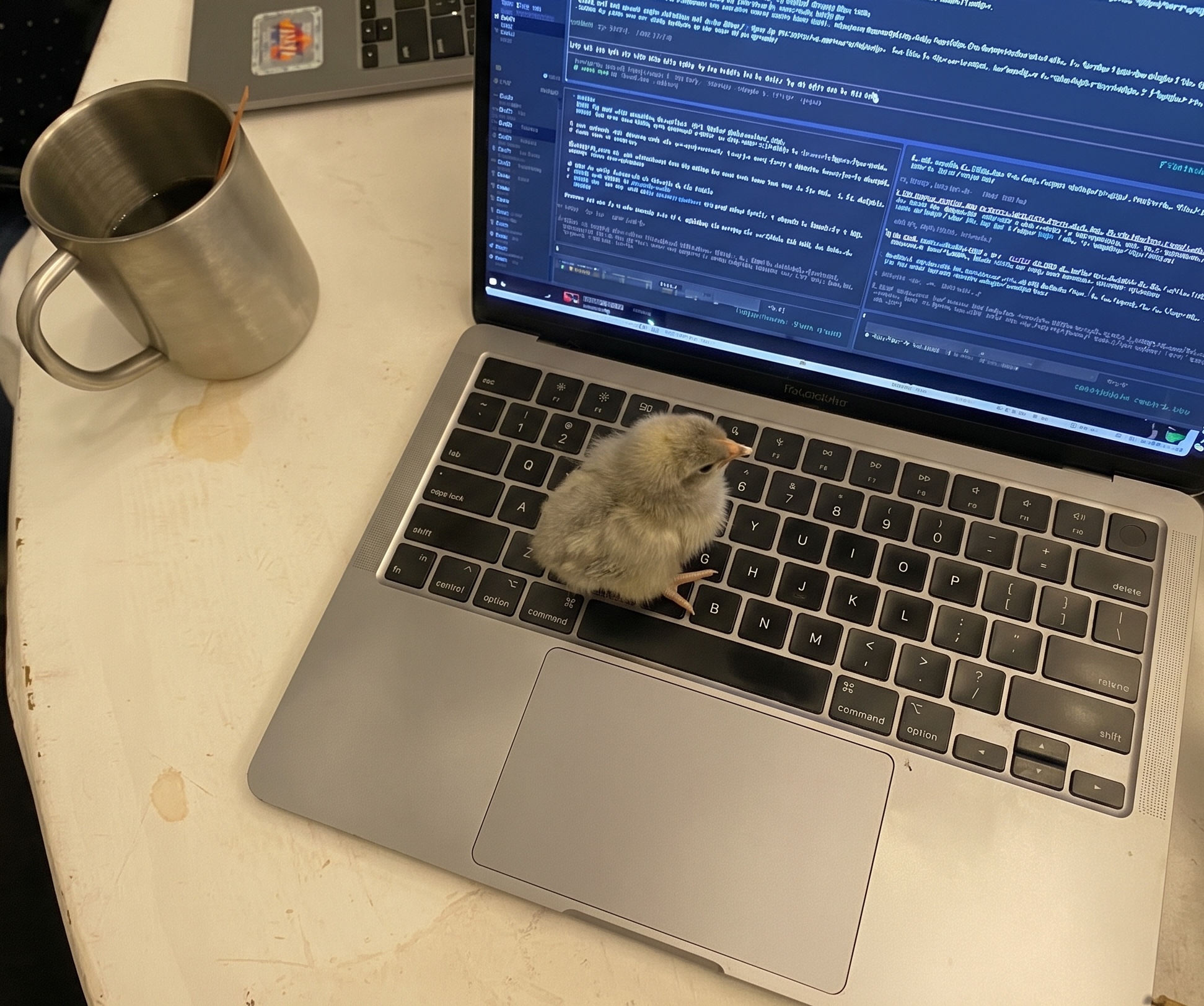Baby chick sleeping on the hackathon table at the Puerto Rico Convention Center